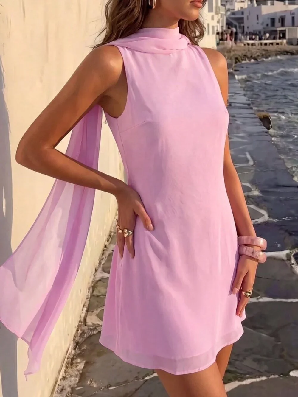 Pink Casual Women's Backless Sleeveless Mesh Holiday Beachwear Dress